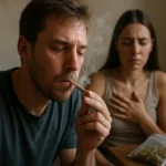 Muž fajčiaci marihuanu, žena s obavami vedľa neho