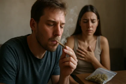 Muž fajčiaci marihuanu, žena s obavami vedľa neho