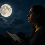 Žena číta knihu pod osvetleným splnom v nočnej oblohe.