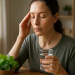 Žena s pohárom vody a rastlinou Gotu Kola podporujúca mentálne zdravie.