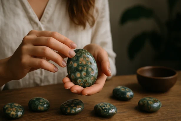 Žena drží oceánsky jaspis, upokojujúci kameň pre emocionálne uzdravenie.