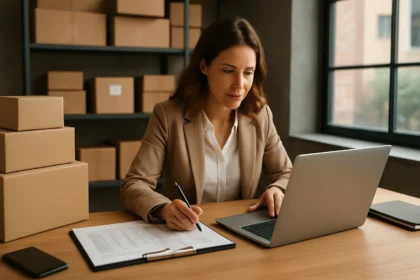 Žena pracujúca na inventarizácii s počítačom a dokumentmi.