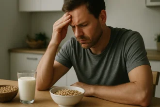 Muž premýšľa o vplyve sóje na svoje zdravie pri jedle.