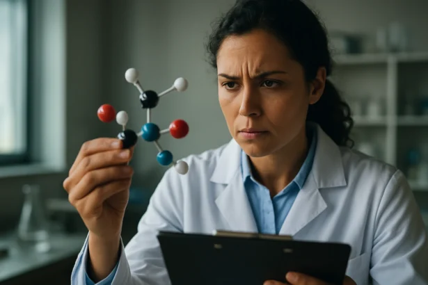 Vedkyňa skúma molekulu enzýmov v laboratóriu