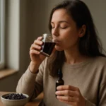 Žena pije nápoj z borbalafü a drží fľašu s používaným extraktom.