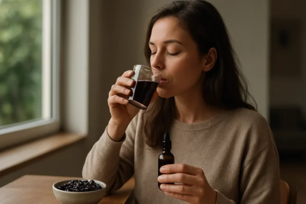 Žena pije nápoj z borbalafü a drží fľašu s používaným extraktom.