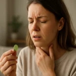 Žena so šalviovými cukríkmi zbavujúca sa bolesti hrdla.