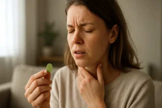 Žena so šalviovými cukríkmi zbavujúca sa bolesti hrdla.