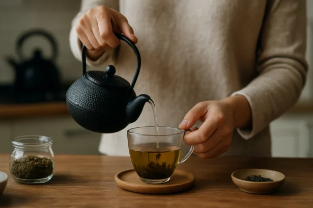 Osoba pripravuje čaj pomocou čajníka a sklenenej šálky.
