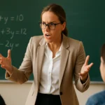 Učiteľka diskusuje s študentmi v triede matematiky.