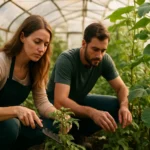 Mladý pár pracuje v skleníku, starajú sa o rastliny a záhradkárčenie.