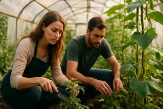 Mladý pár pracuje v skleníku, starajú sa o rastliny a záhradkárčenie.