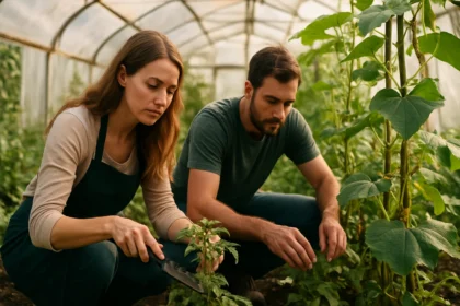 Mladý pár pracuje v skleníku, starajú sa o rastliny a záhradkárčenie.