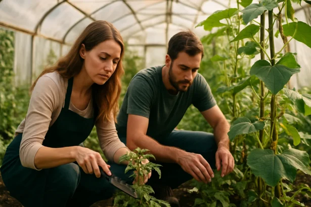 Mladý pár pracuje v skleníku, starajú sa o rastliny a záhradkárčenie.