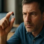 Muž skúma tranzistor, ktorý drží v ruke, v prostredí elektroniky.