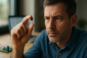 Muž skúma tranzistor, ktorý drží v ruke, v prostredí elektroniky.