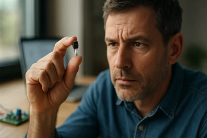 Muž skúma tranzistor, ktorý drží v ruke, v prostredí elektroniky.