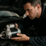 Mechanik kontroluje voľnobežku štartéra v osobnom automobile.