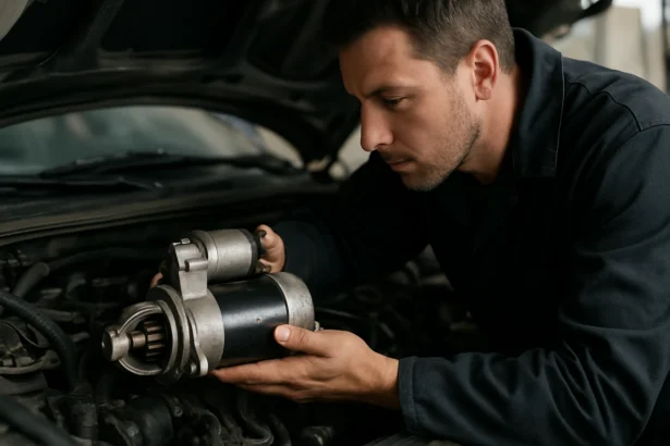 Mechanik kontroluje voľnobežku štartéra v osobnom automobile.