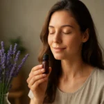 Žena s levanduľovým olejom a fialovými kvetmi levandule