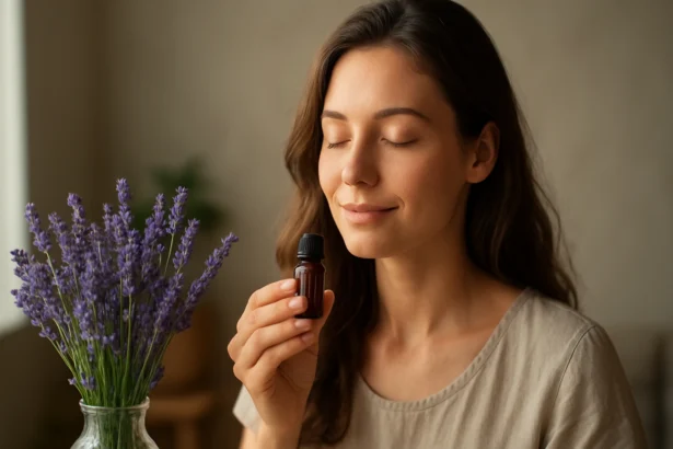 Žena s levanduľovým olejom a fialovými kvetmi levandule