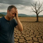 Muž trpiaci následkami sucha v rozpraskanom teréne na Slovensku.