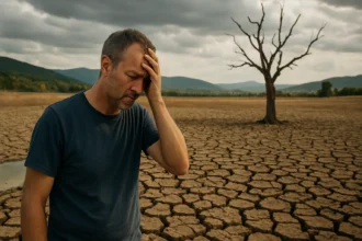 Muž trpiaci následkami sucha v rozpraskanom teréne na Slovensku.