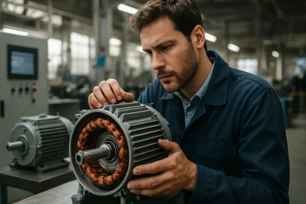 Muž skúma motor s priamym pohonom v priemyselnom prostredí.