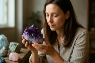 Žena skúma fialový krištáľ v domácom prostredí