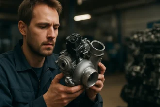 Muž skúma hybridné turbodúchadlo v automobilovom priemysle.