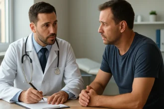 Lekár konzultuje so svojim pacientom o reprodukčnom zdraví.