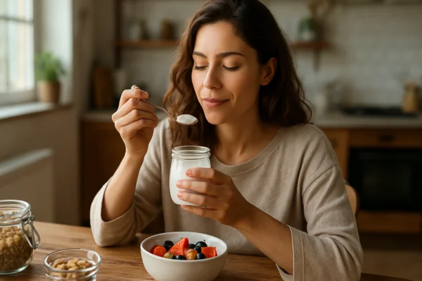 Žena vychutnávajúca si jogurt so ovocím na raňajky.