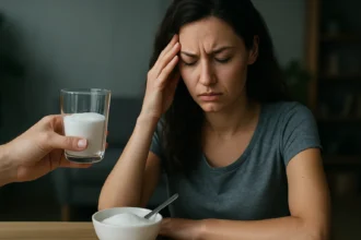 Žena so syndrómom bolesti hlavy s pohárom cukru