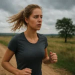 Mladá žena beží vonku na ceste s obmedzeným pohľadom do diaľky.