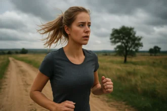 Mladá žena beží vonku na ceste s obmedzeným pohľadom do diaľky.