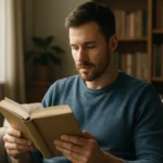 Muž číta knihu a objavuje výhody čítania pre myseľ a kreativitu.
