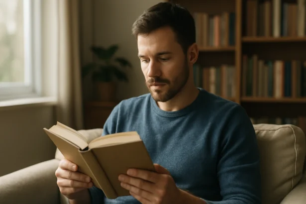 Muž číta knihu a objavuje výhody čítania pre myseľ a kreativitu.