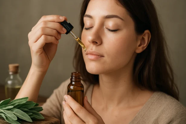 Žena aplikujúca šalviový olej na tvár pre prírodnú starostlivosť o pleť.