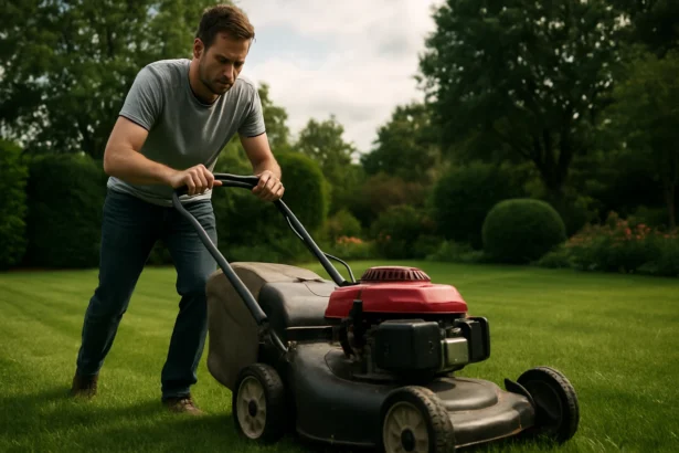Muž kosenie trávnika s kosačkou na zelenej tráve.