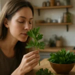 Žena nasáva vôňu čerstvého ligurčeka v kuchyni