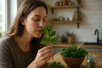 Žena nasáva vôňu čerstvého ligurčeka v kuchyni