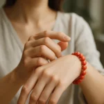 Žena nosí koralový náramok, symbol ochrany a pozitívnej energie.