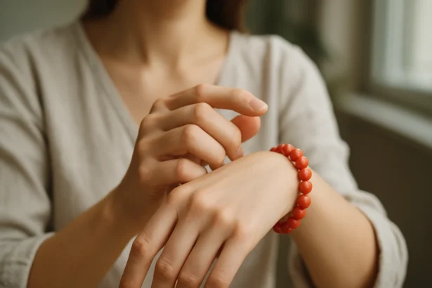 Žena nosí koralový náramok, symbol ochrany a pozitívnej energie.