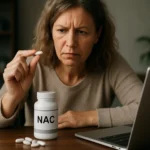 Žena znepokojená nad NAC (N‑acetylcysteín) a jeho správnym užívaním.
