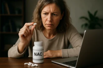 Žena znepokojená nad NAC (N‑acetylcysteín) a jeho správnym užívaním.