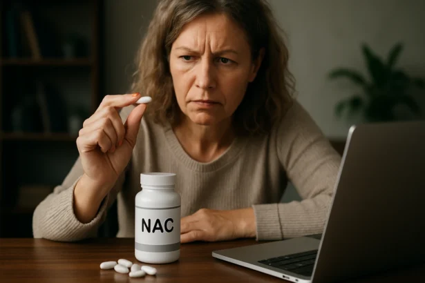 Žena znepokojená nad NAC (N‑acetylcysteín) a jeho správnym užívaním.