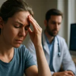 Žena so stresom a bolesťou hlavy na lekárskej konzultácii