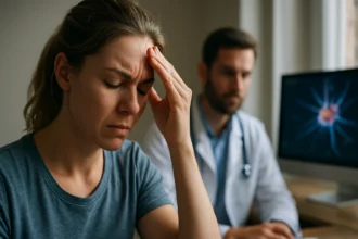 Žena so stresom a bolesťou hlavy na lekárskej konzultácii