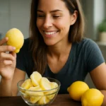 Žena so zmrznutým citrónom a miskou mrazených citrónov na stole.