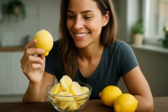 Žena so zmrznutým citrónom a miskou mrazených citrónov na stole.